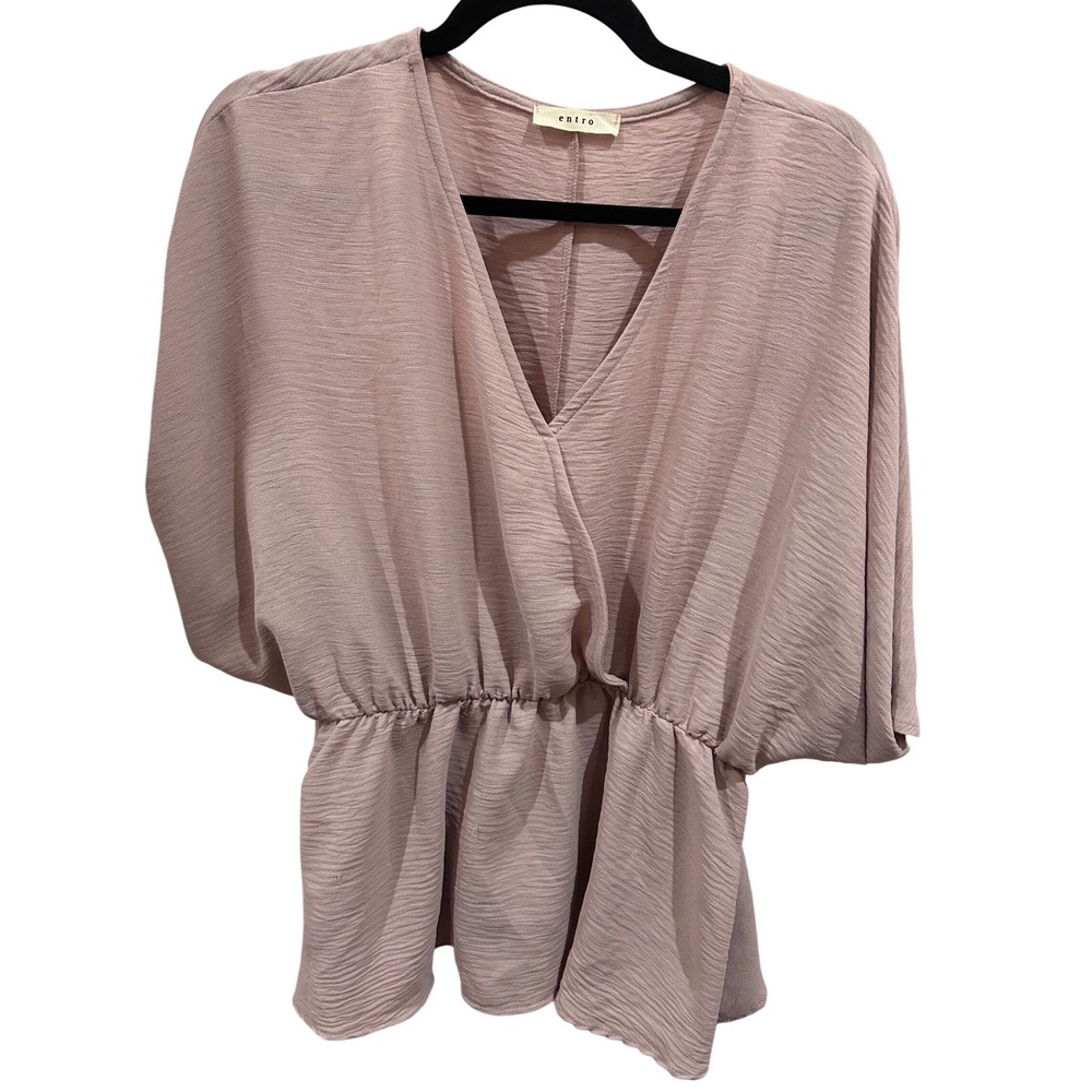 Entro V Neck Dolman Sleeve Peplum Blouse Pink Size Large Wrinkle Texture